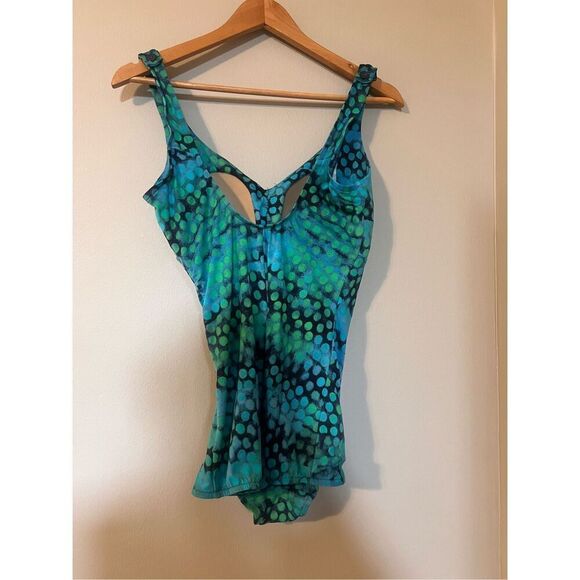Maxine Women's Sized 12 One Piece Swimsuit Dress Blue Abstract Dot Psychedelic - Picture 6 of 8